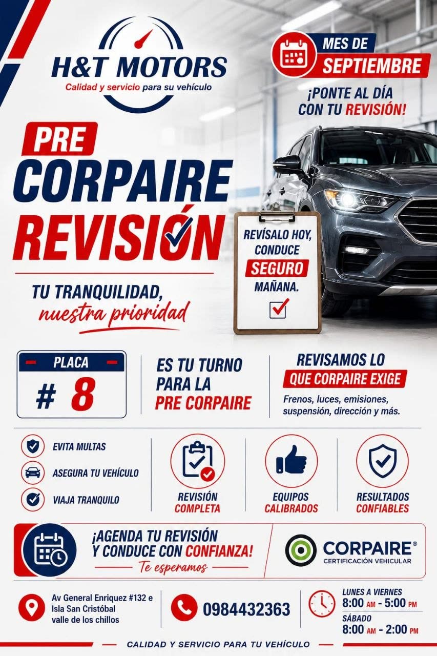 Arte de H&T MOTORS para la revision pre-Corpaire: «Revisalo hoy, conduce seguro manana», con los turnos por placa, lo que Corpaire exige y el horario del taller
